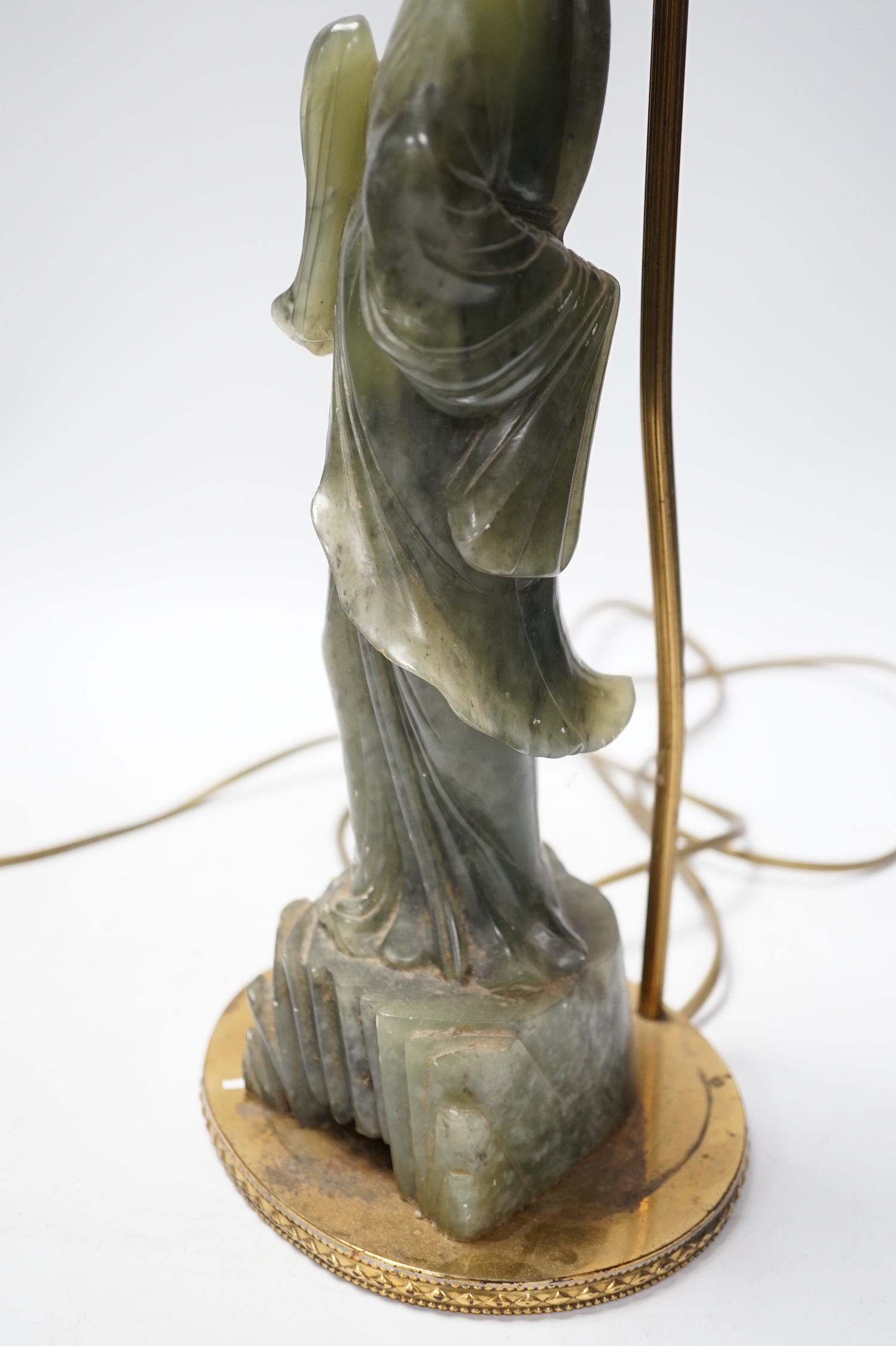 A Chinese carved soapstone figural lamp, 48cm total